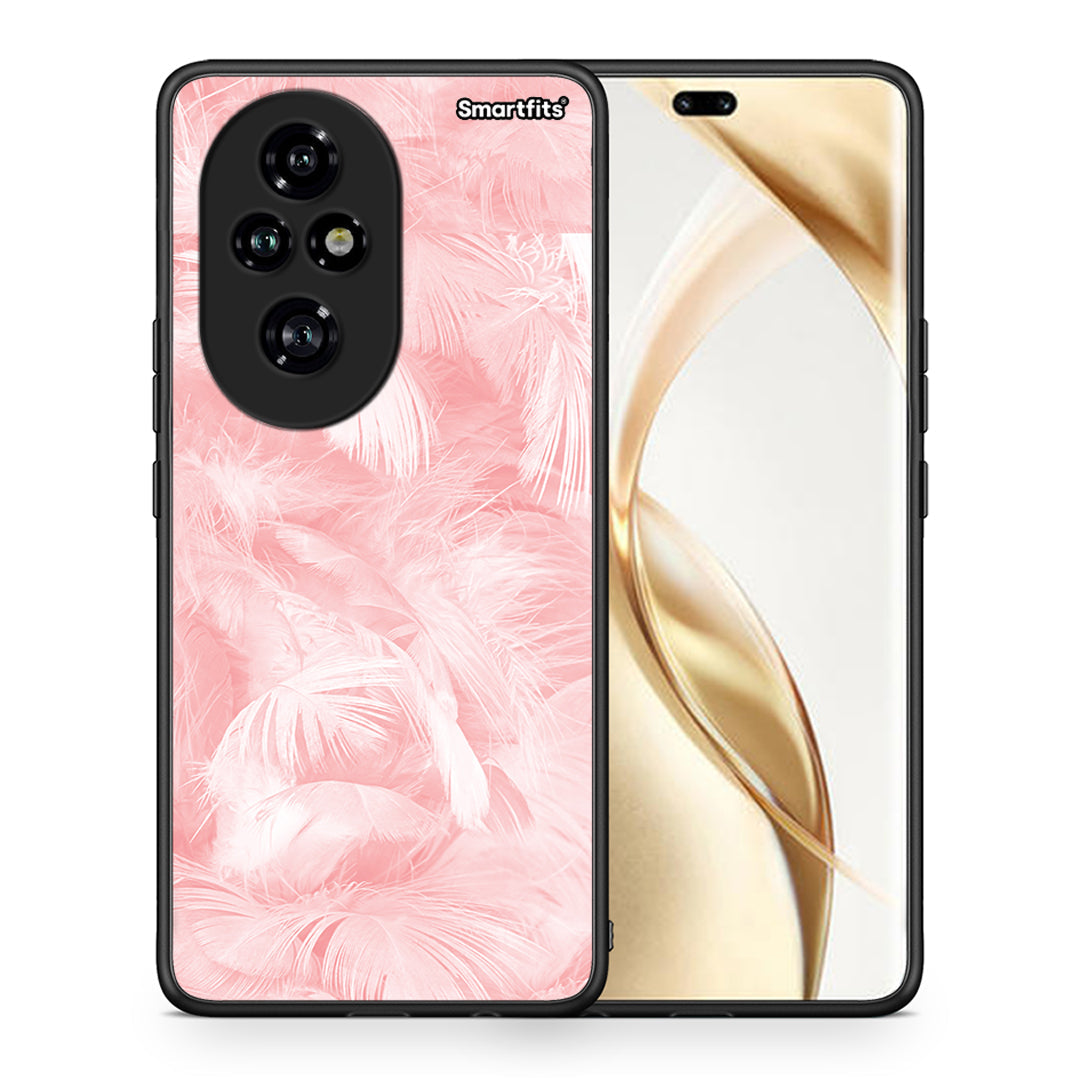 Θήκη Honor 200 Pro 5G Pink Feather Boho από τη Smartfits με σχέδιο στο πίσω μέρος και μαύρο περίβλημα | Honor 200 Pro 5G Pink Feather Boho case with colorful back and black bezels