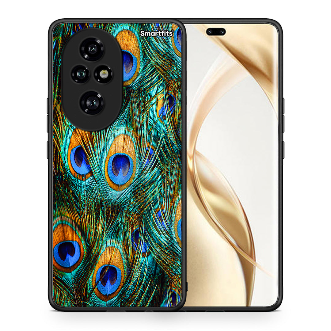 Θήκη Honor 200 Pro 5G Real Peacock Feathers από τη Smartfits με σχέδιο στο πίσω μέρος και μαύρο περίβλημα | Honor 200 Pro 5G Real Peacock Feathers case with colorful back and black bezels