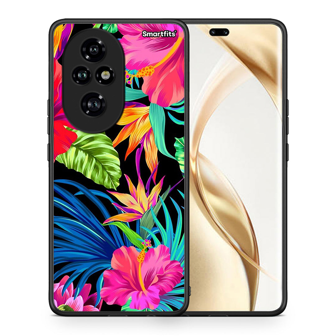 Θήκη Honor 200 Pro 5G Tropical Flowers από τη Smartfits με σχέδιο στο πίσω μέρος και μαύρο περίβλημα | Honor 200 Pro 5G Tropical Flowers case with colorful back and black bezels