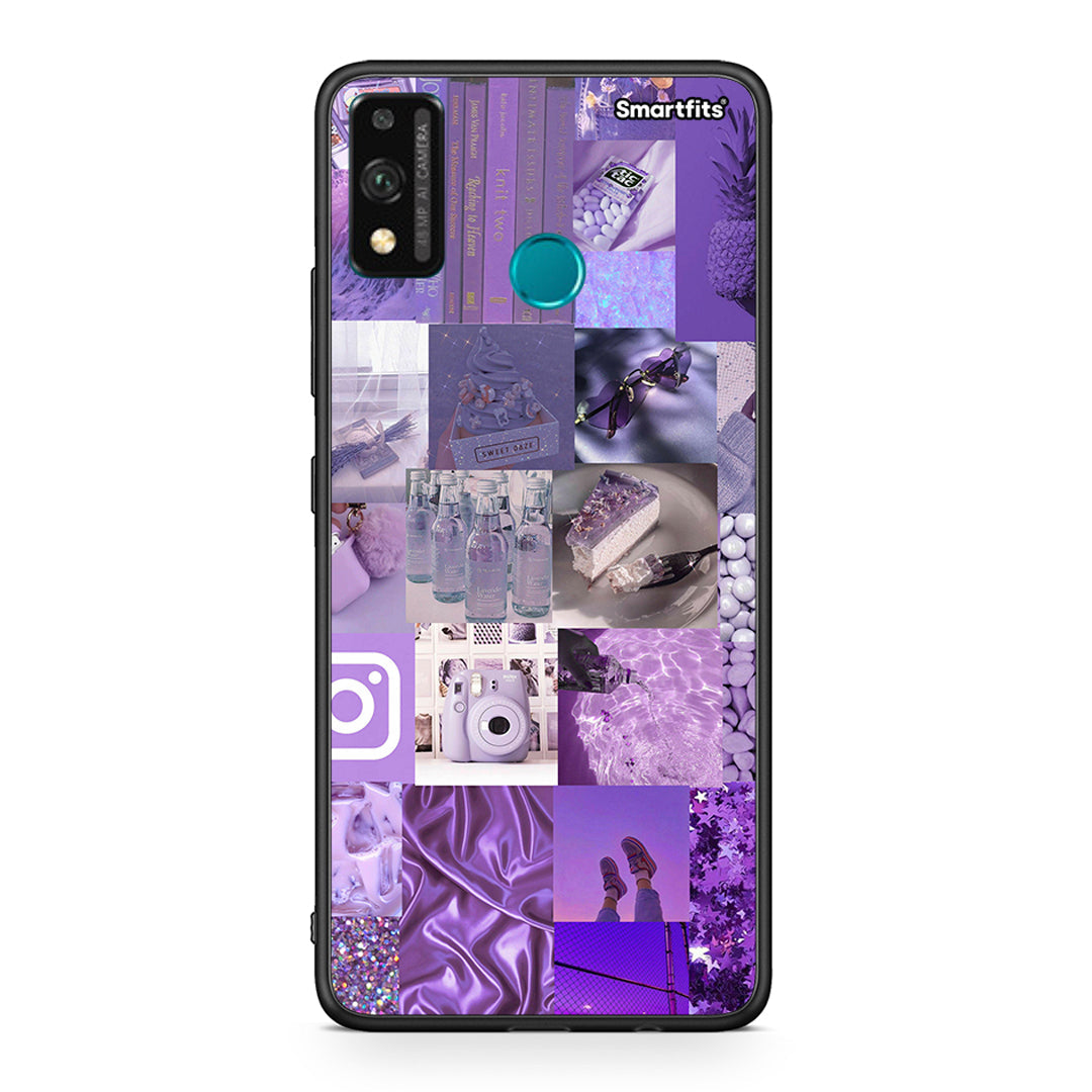 Honor 9X Lite Purple Aesthetic Collage θήκη από τη Smartfits με σχέδιο στο πίσω μέρος και μαύρο περίβλημα | Smartphone case with colorful back and black bezels by Smartfits