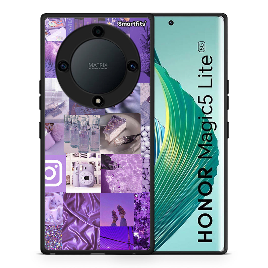 Θήκη Honor Magic5 Lite 5G / X9a Purple Aesthetic Collage από τη Smartfits με σχέδιο στο πίσω μέρος και μαύρο περίβλημα | Honor Magic5 Lite 5G / X9a Purple Aesthetic Collage Case with Colorful Back and Black Bezels