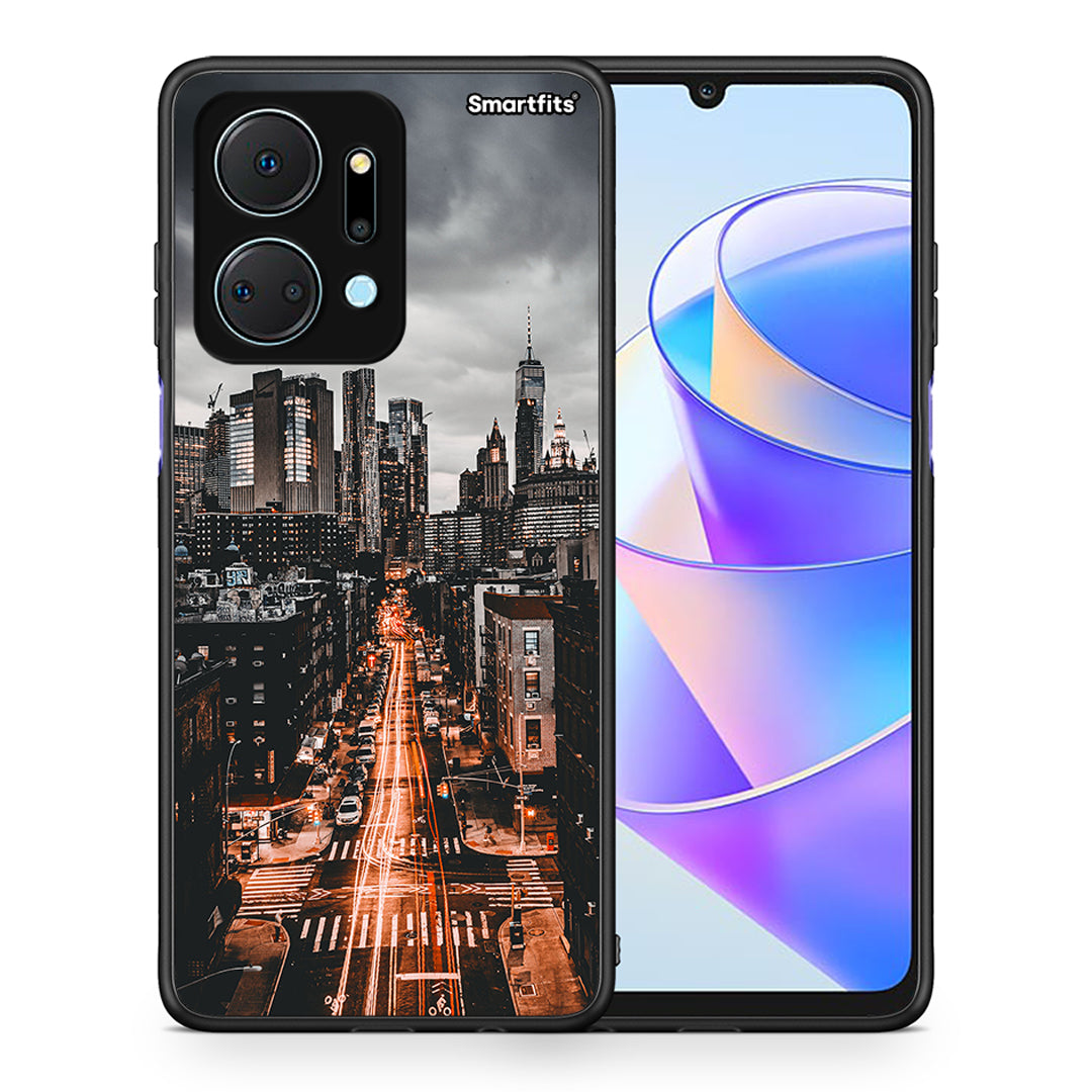 Θήκη Honor X7a City Lights από τη Smartfits με σχέδιο στο πίσω μέρος και μαύρο περίβλημα | Honor X7a City Lights case with colorful back and black bezels