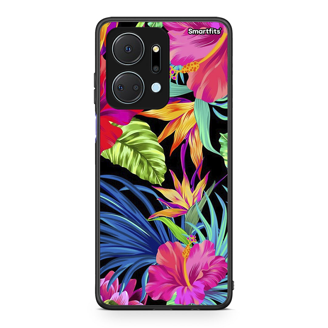 Honor X7a Tropical Flowers θήκη από τη Smartfits με σχέδιο στο πίσω μέρος και μαύρο περίβλημα | Smartphone case with colorful back and black bezels by Smartfits