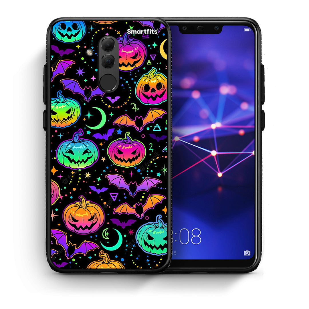 Θήκη Huawei Mate 20 Lite Neon Halloween από τη Smartfits με σχέδιο στο πίσω μέρος και μαύρο περίβλημα | Huawei Mate 20 Lite Neon Halloween case with colorful back and black bezels