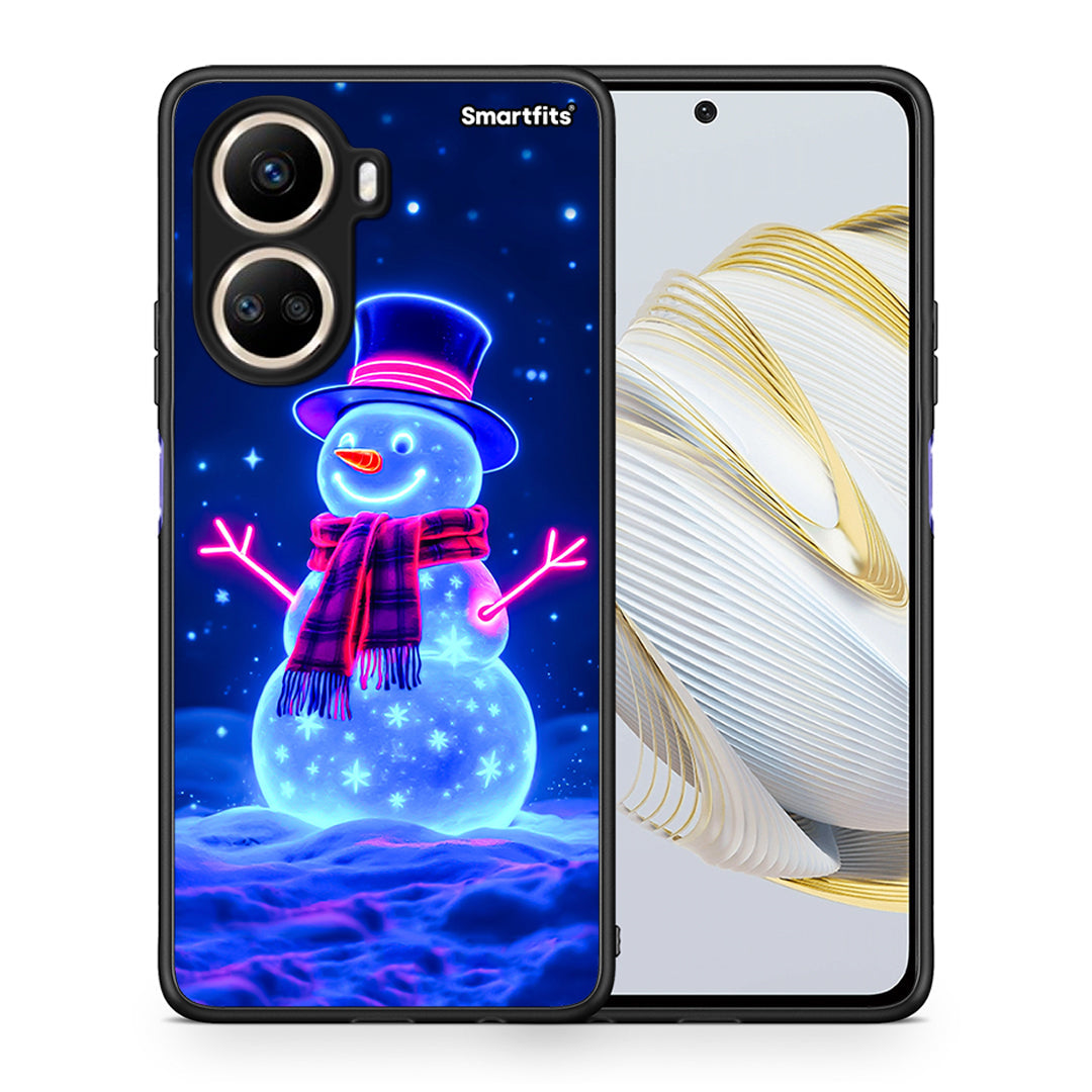 Θήκη Huawei Nova 10 SE Christmas Neon Snowman από τη Smartfits με σχέδιο στο πίσω μέρος και μαύρο περίβλημα | Huawei Nova 10 SE Christmas Neon Snowman Case with Colorful Back and Black Bezels