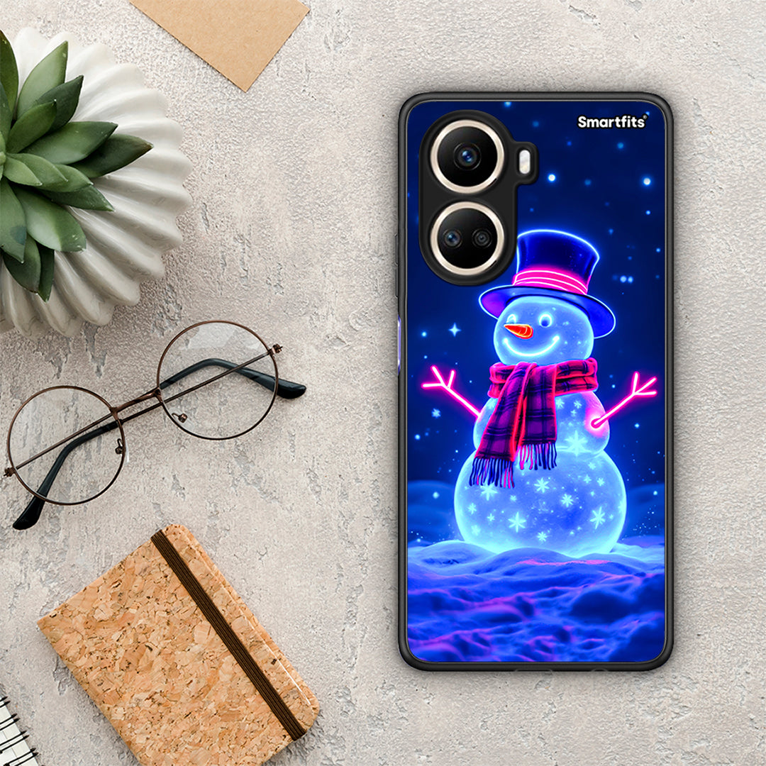 Θήκη Huawei Nova 10 SE Christmas Neon Snowman από τη Smartfits με σχέδιο στο πίσω μέρος και μαύρο περίβλημα | Huawei Nova 10 SE Christmas Neon Snowman Case with Colorful Back and Black Bezels