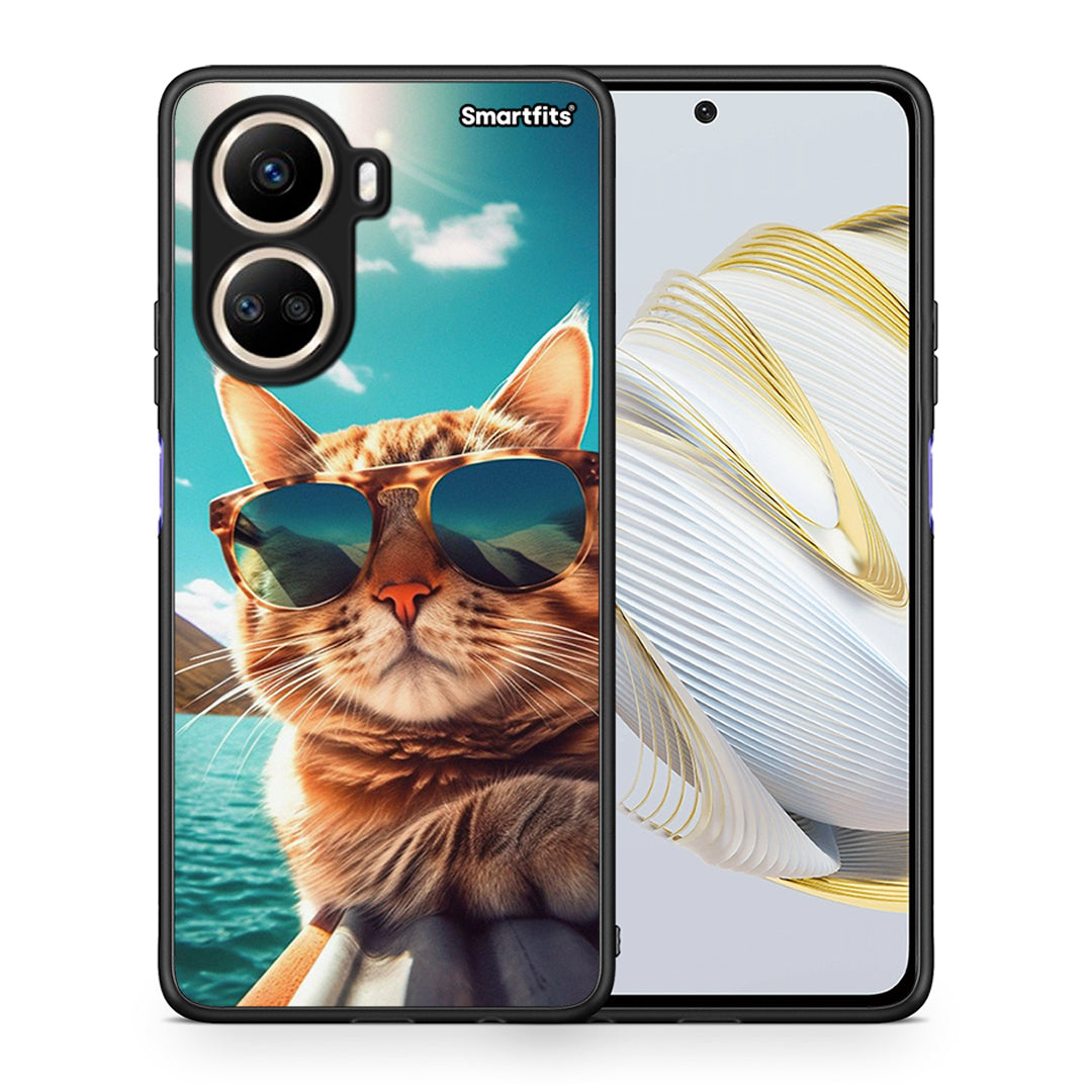 Θήκη Huawei Nova 10 SE Summer Cat από τη Smartfits με σχέδιο στο πίσω μέρος και μαύρο περίβλημα | Huawei Nova 10 SE Summer Cat Case with Colorful Back and Black Bezels