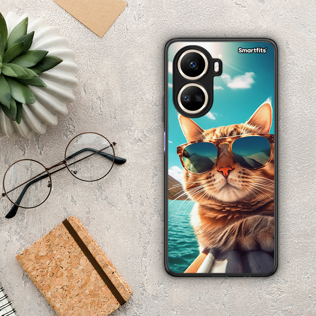 Θήκη Huawei Nova 10 SE Summer Cat από τη Smartfits με σχέδιο στο πίσω μέρος και μαύρο περίβλημα | Huawei Nova 10 SE Summer Cat Case with Colorful Back and Black Bezels