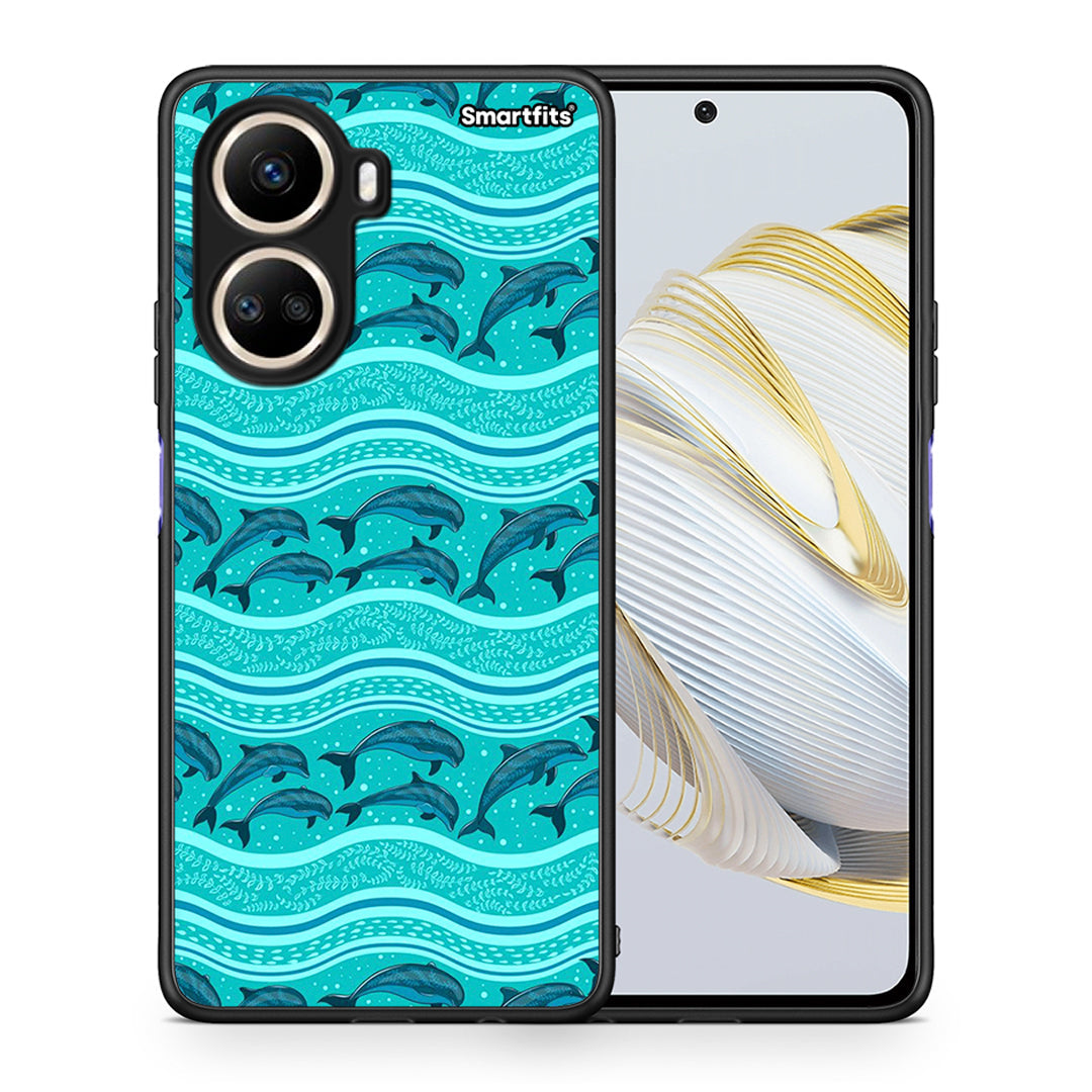 Θήκη Huawei Nova 10 SE Swimming Dolphins από τη Smartfits με σχέδιο στο πίσω μέρος και μαύρο περίβλημα | Huawei Nova 10 SE Swimming Dolphins Case with Colorful Back and Black Bezels