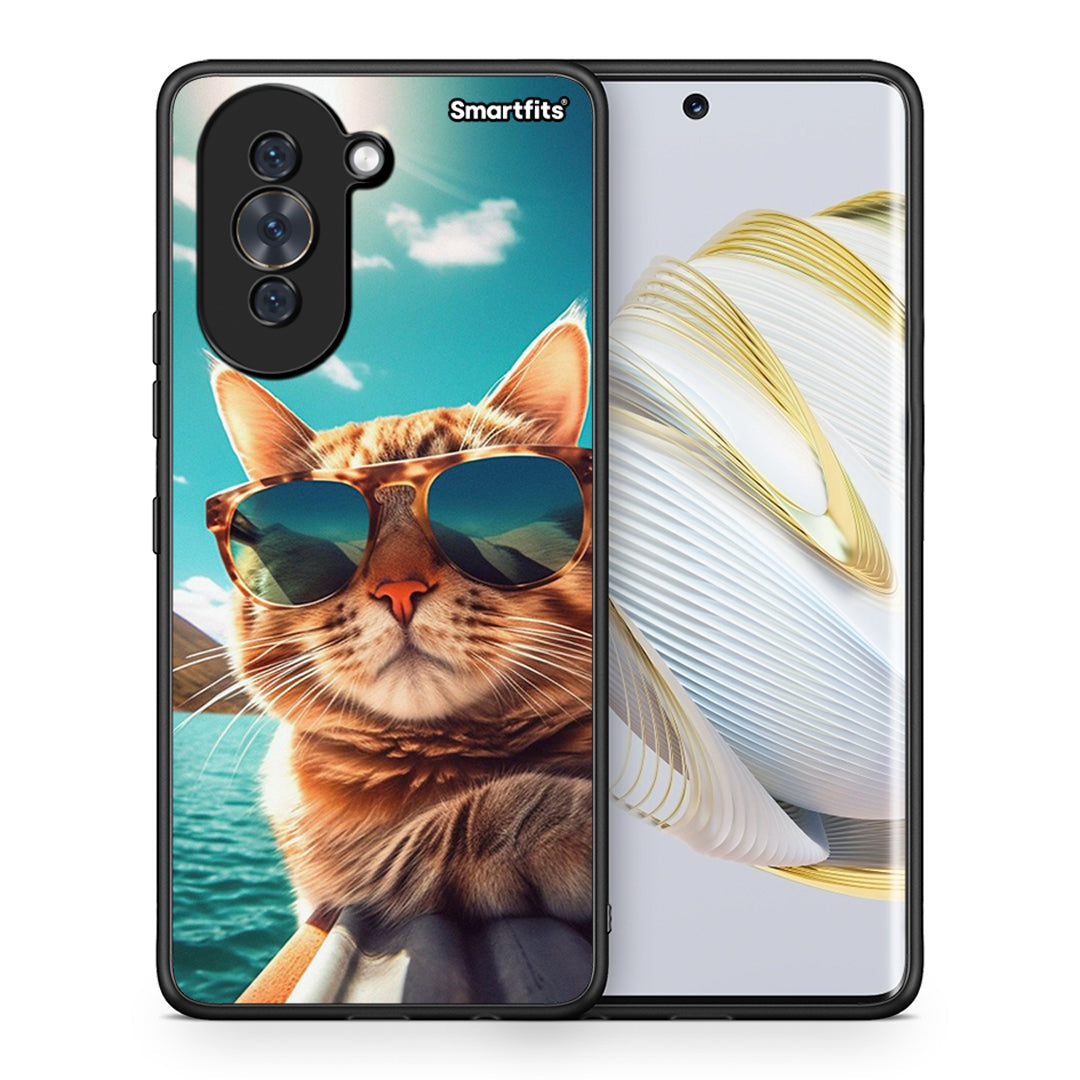 Θήκη Huawei Nova 10 Summer Cat από τη Smartfits με σχέδιο στο πίσω μέρος και μαύρο περίβλημα | Huawei Nova 10 Summer Cat case with colorful back and black bezels