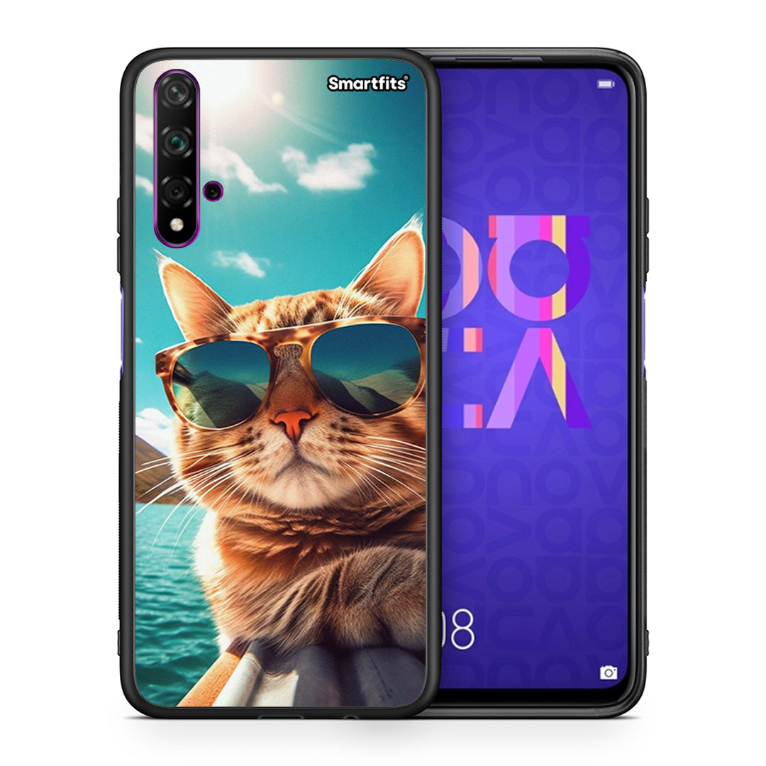 Θήκη Huawei Nova 5T/Honor 20 Summer Cat από τη Smartfits με σχέδιο στο πίσω μέρος και μαύρο περίβλημα | Huawei Nova 5T/Honor 20 Summer Cat case with colorful back and black bezels