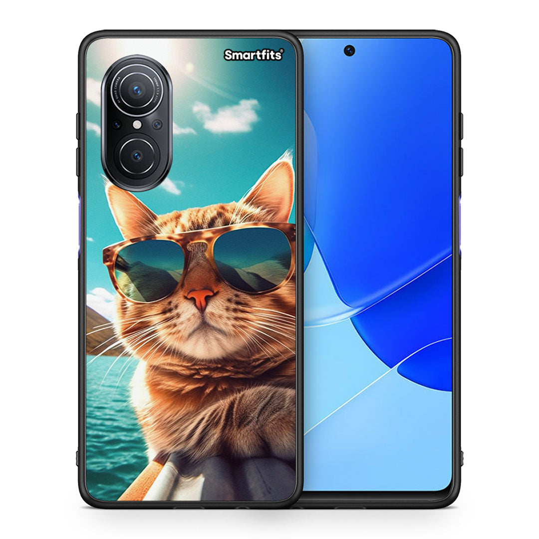 Θήκη Huawei Nova 9 SE Summer Cat από τη Smartfits με σχέδιο στο πίσω μέρος και μαύρο περίβλημα | Huawei Nova 9 SE Summer Cat case with colorful back and black bezels