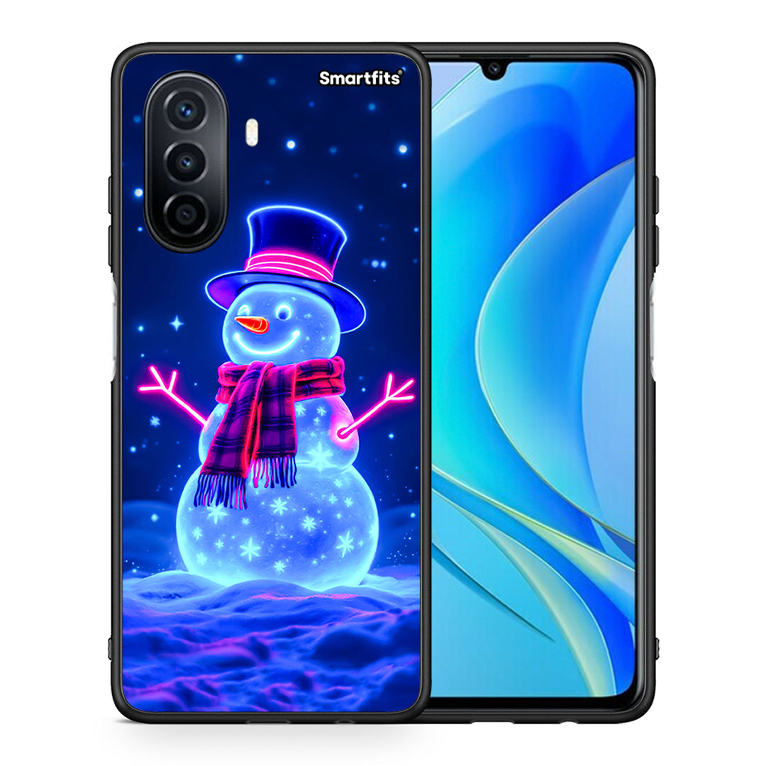 Θήκη Huawei Nova Y70 Christmas Neon Snowman από τη Smartfits με σχέδιο στο πίσω μέρος και μαύρο περίβλημα | Huawei Nova Y70 Christmas Neon Snowman case with colorful back and black bezels