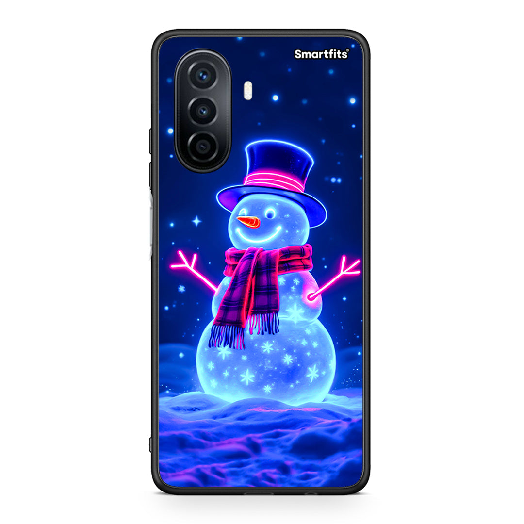 Huawei Nova Y70 Christmas Neon Snowman θήκη από τη Smartfits με σχέδιο στο πίσω μέρος και μαύρο περίβλημα | Smartphone case with colorful back and black bezels by Smartfits