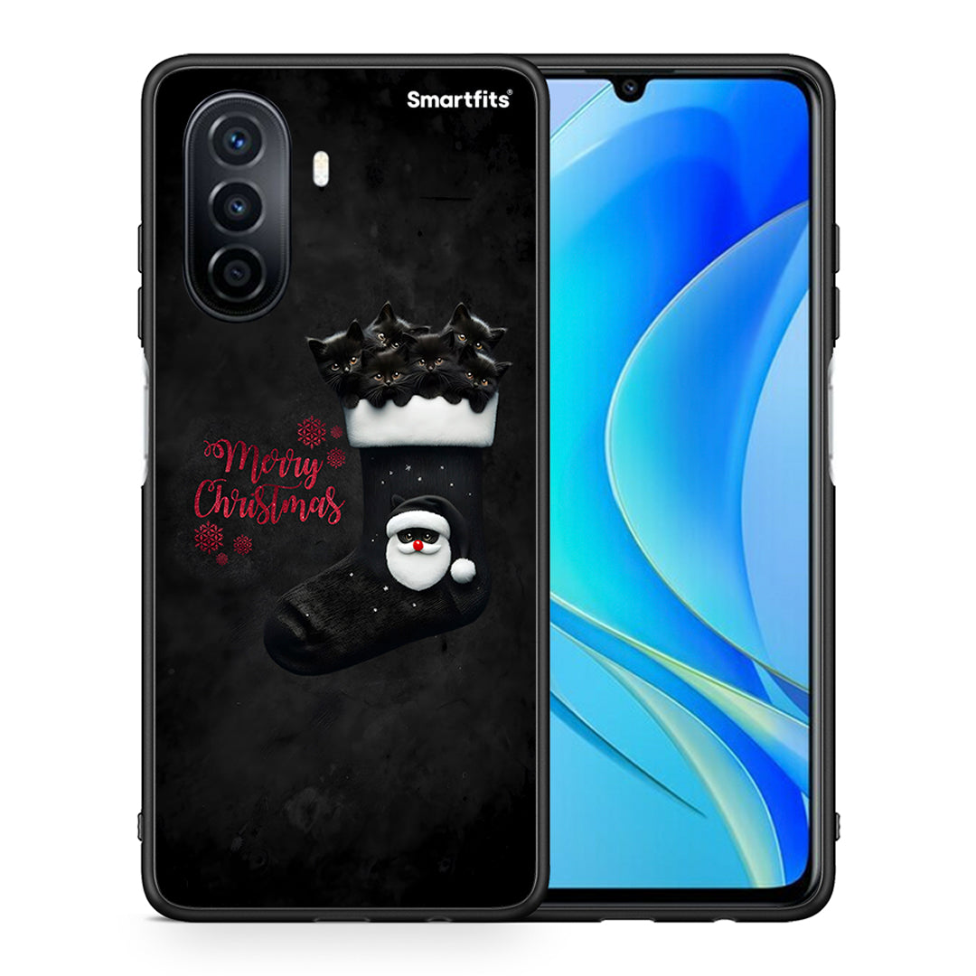 Θήκη Huawei Nova Y70 Merry Cat Christmas από τη Smartfits με σχέδιο στο πίσω μέρος και μαύρο περίβλημα | Huawei Nova Y70 Merry Cat Christmas case with colorful back and black bezels