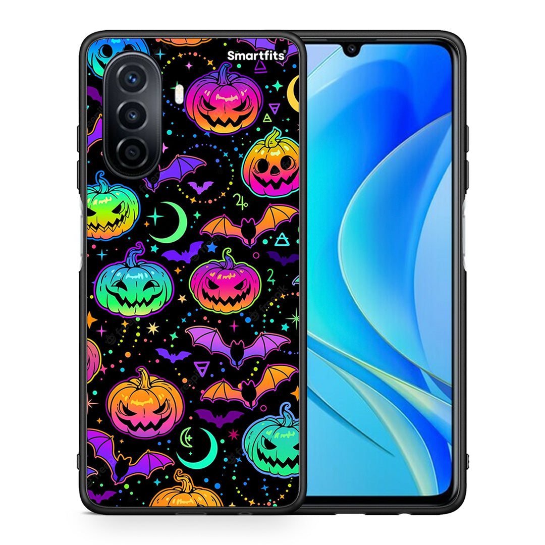 Θήκη Huawei Nova Y70 Neon Halloween από τη Smartfits με σχέδιο στο πίσω μέρος και μαύρο περίβλημα | Huawei Nova Y70 Neon Halloween case with colorful back and black bezels