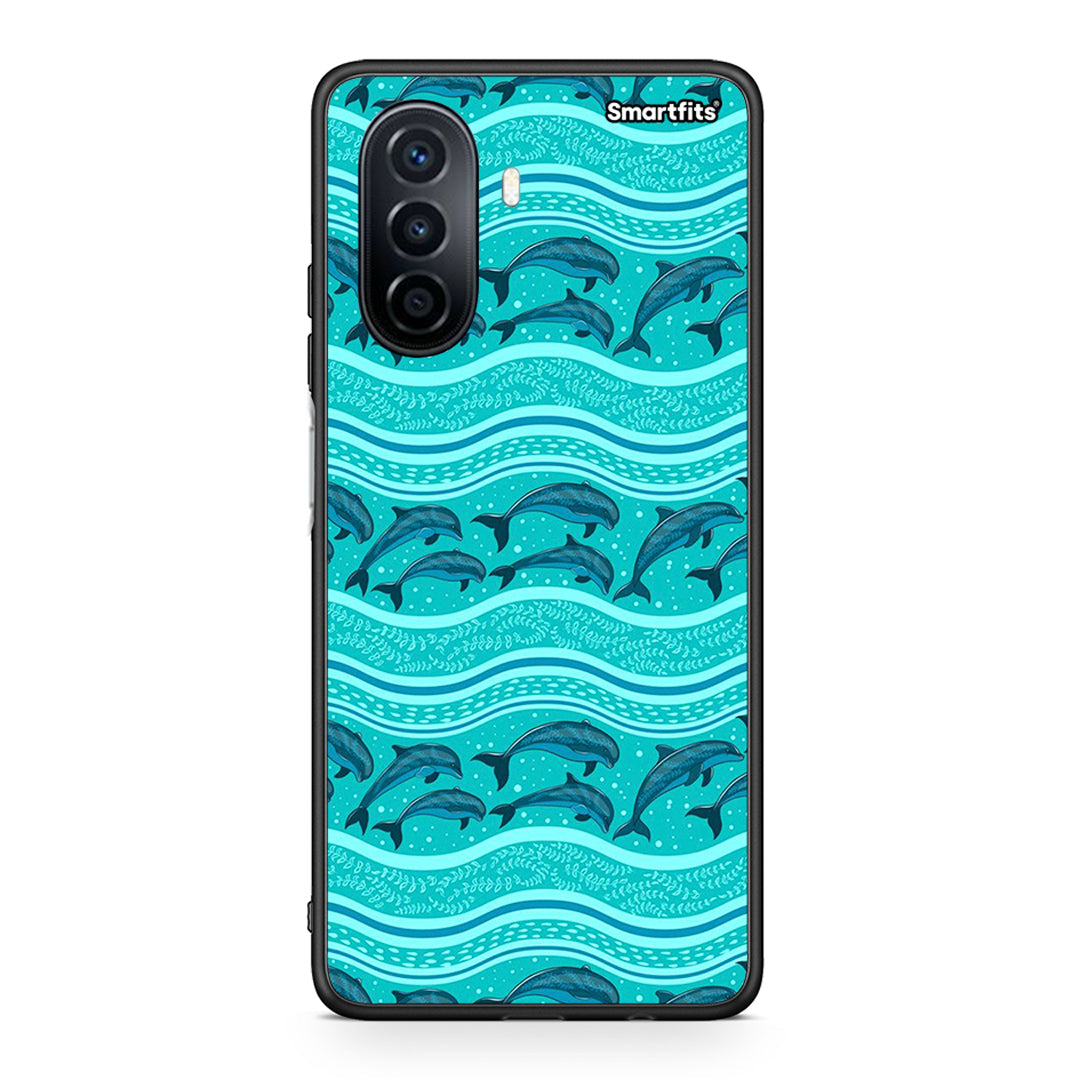 Huawei Nova Y70 Swimming Dolphins θήκη από τη Smartfits με σχέδιο στο πίσω μέρος και μαύρο περίβλημα | Smartphone case with colorful back and black bezels by Smartfits