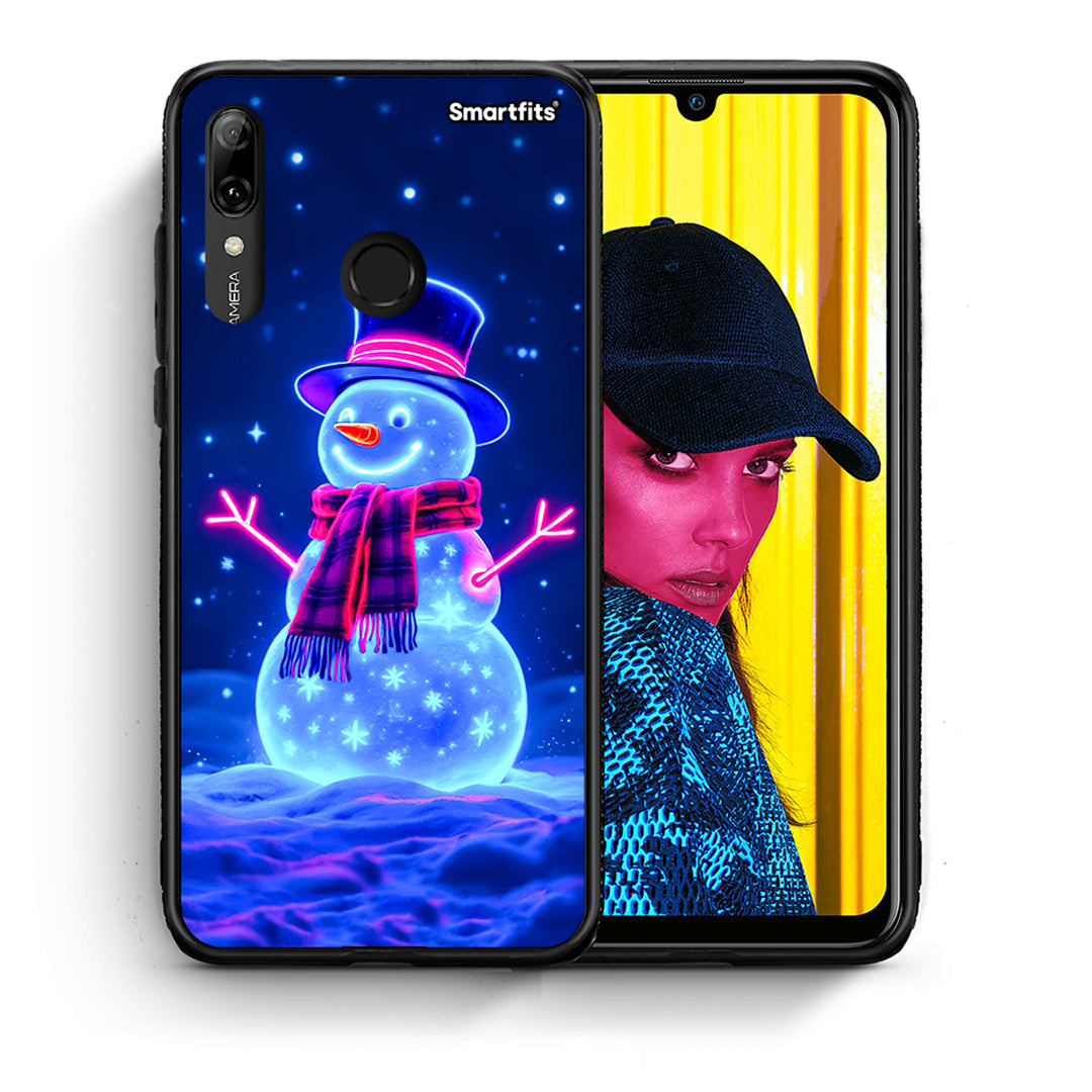 Θήκη Huawei P Smart 2019 Christmas Neon Snowman από τη Smartfits με σχέδιο στο πίσω μέρος και μαύρο περίβλημα | Huawei P Smart 2019 Christmas Neon Snowman case with colorful back and black bezels