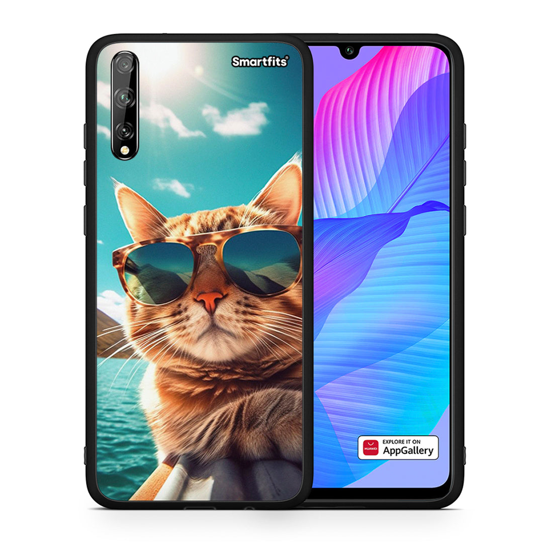 Θήκη Huawei P Smart S Summer Cat από τη Smartfits με σχέδιο στο πίσω μέρος και μαύρο περίβλημα | Huawei P Smart S Summer Cat case with colorful back and black bezels