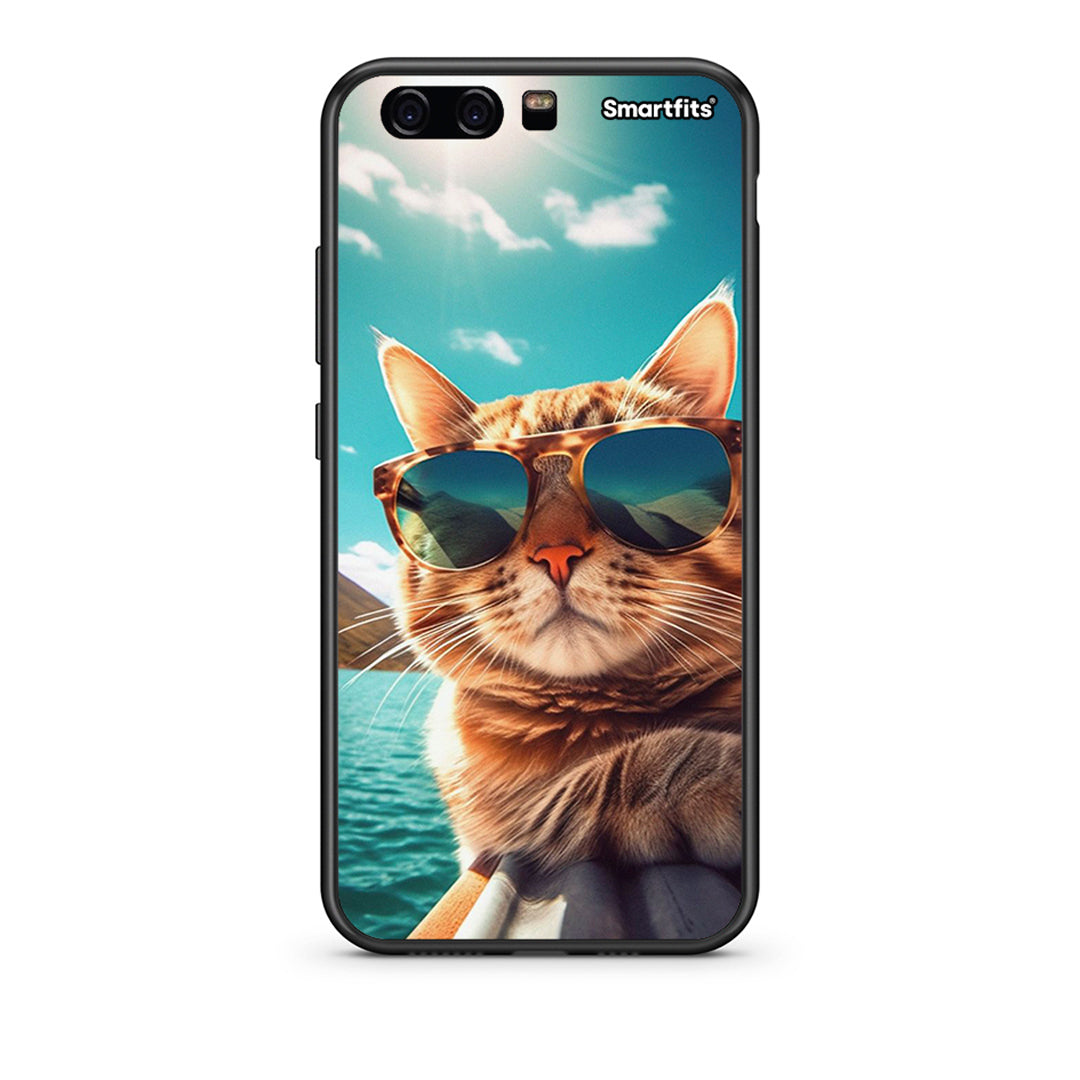 Huawei P10 Lite Summer Cat θήκη από τη Smartfits με σχέδιο στο πίσω μέρος και μαύρο περίβλημα | Smartphone case with colorful back and black bezels by Smartfits