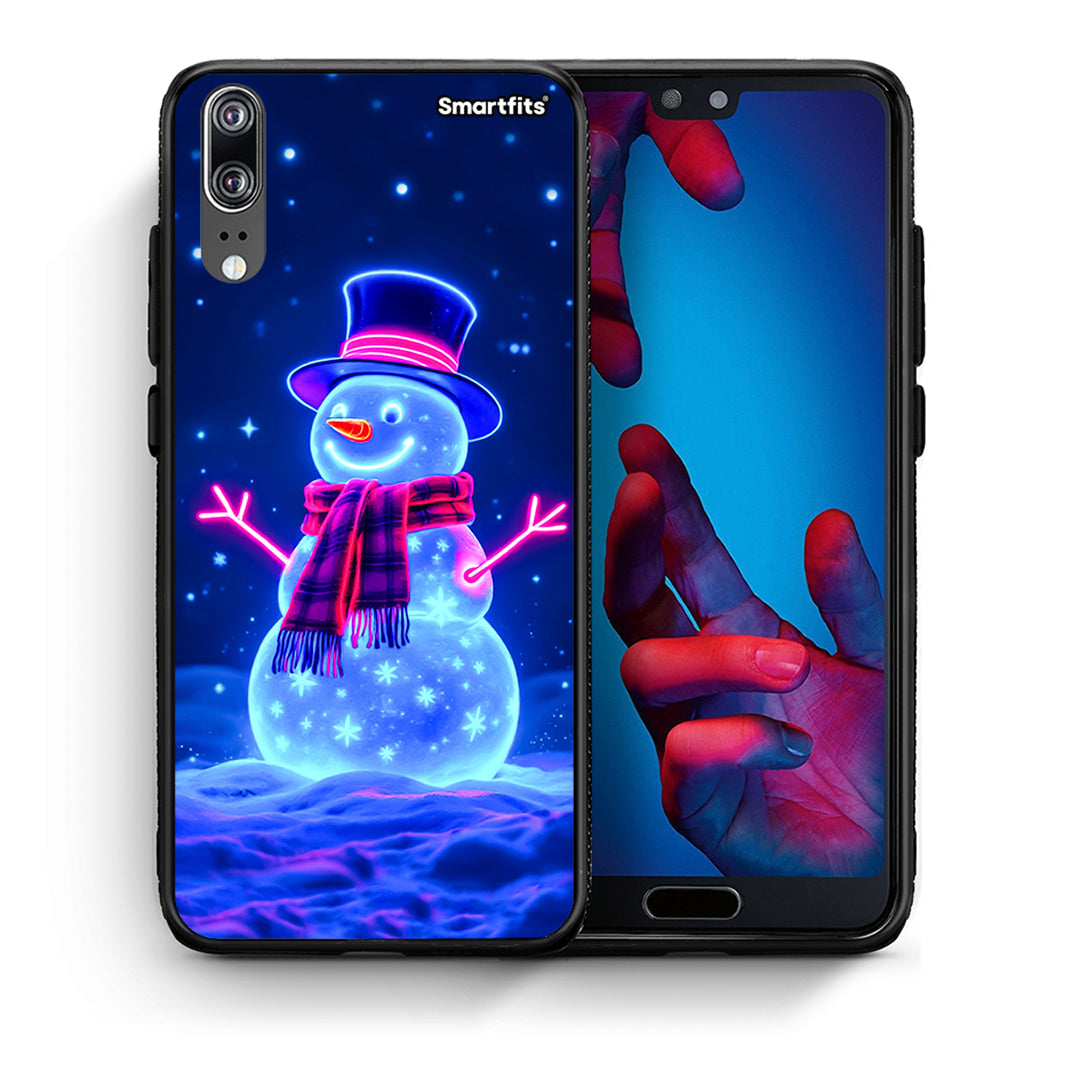 Θήκη Huawei P20 Christmas Neon Snowman από τη Smartfits με σχέδιο στο πίσω μέρος και μαύρο περίβλημα | Huawei P20 Christmas Neon Snowman case with colorful back and black bezels