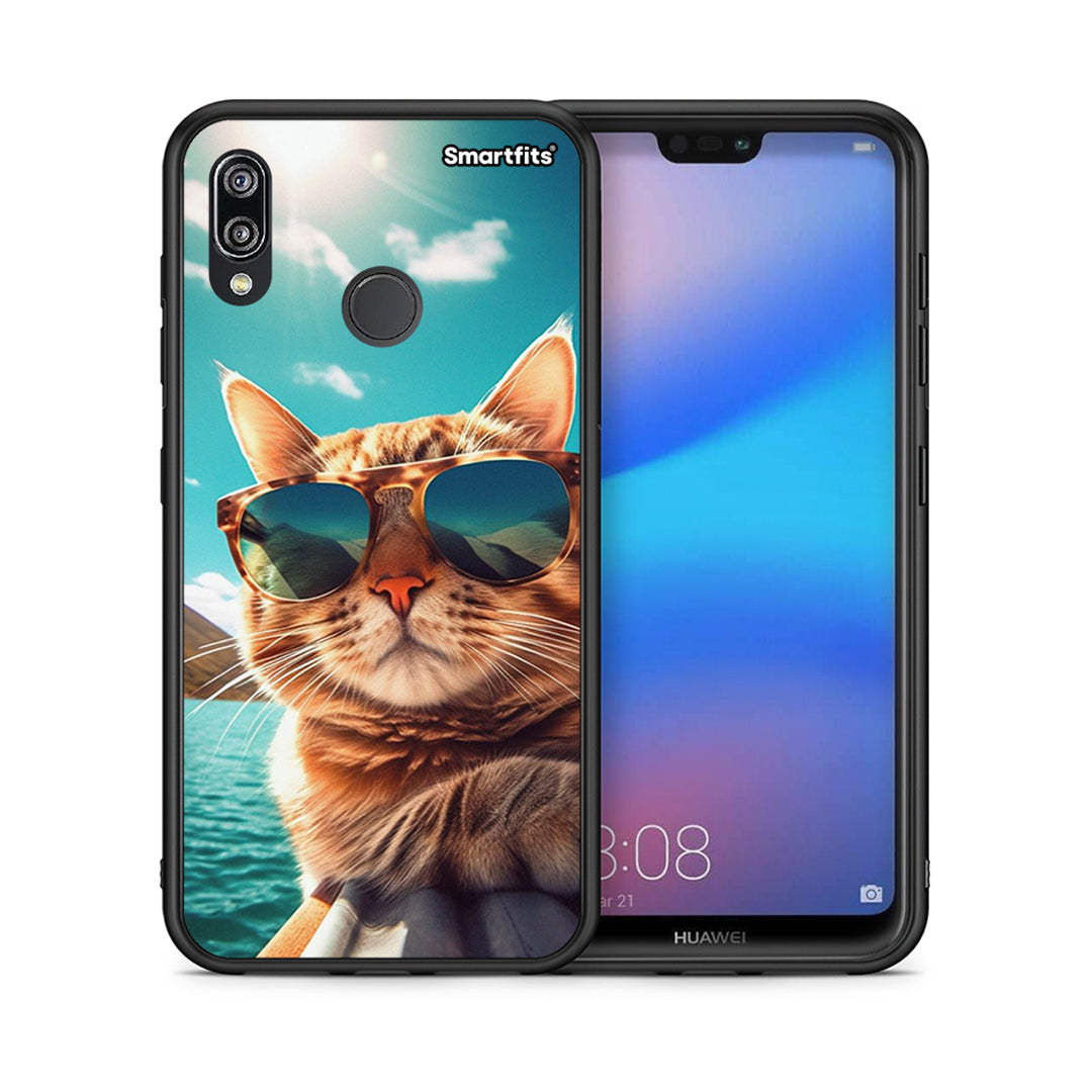 Θήκη Huawei P20 Lite Summer Cat από τη Smartfits με σχέδιο στο πίσω μέρος και μαύρο περίβλημα | Huawei P20 Lite Summer Cat case with colorful back and black bezels