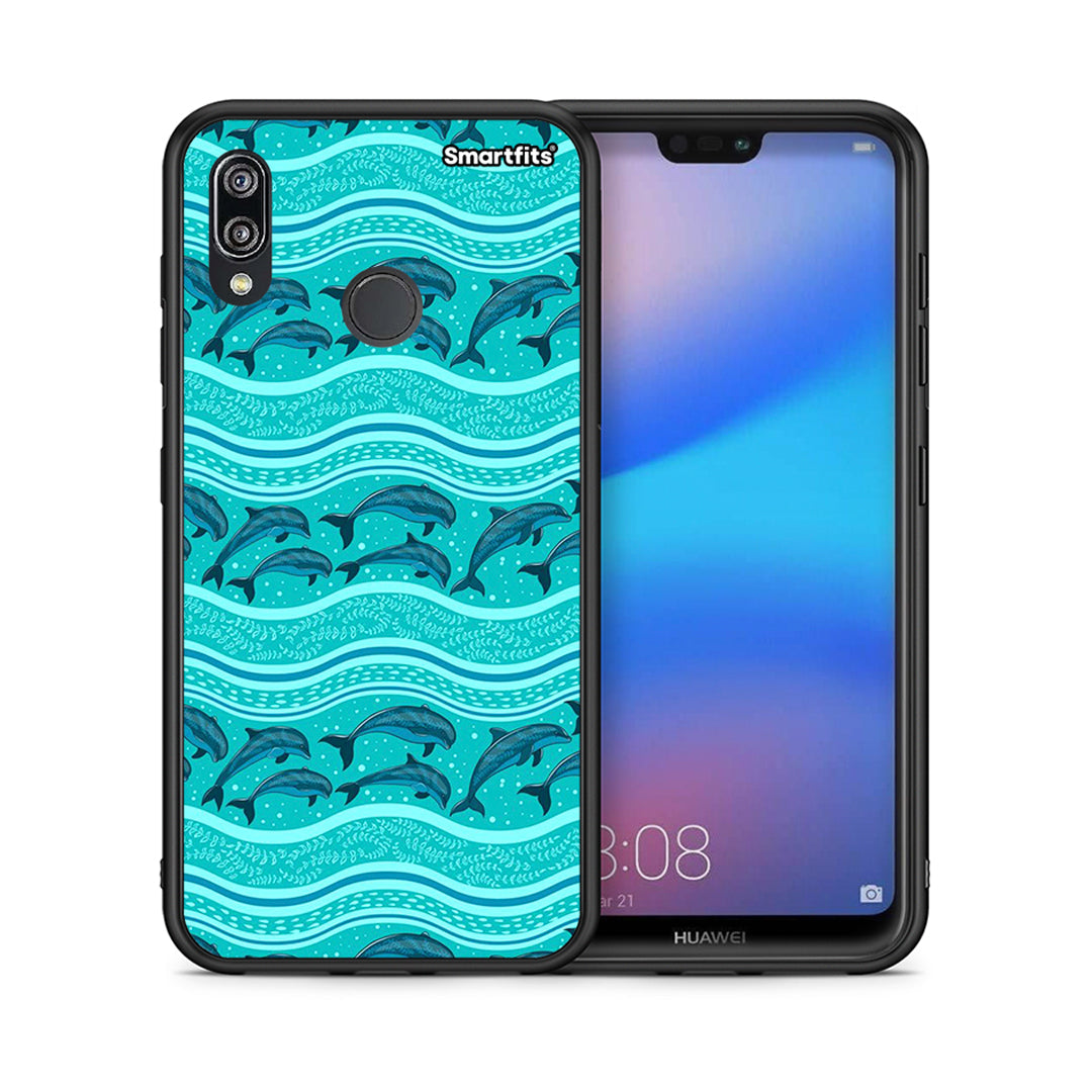 Θήκη Huawei P20 Lite Swimming Dolphins από τη Smartfits με σχέδιο στο πίσω μέρος και μαύρο περίβλημα | Huawei P20 Lite Swimming Dolphins case with colorful back and black bezels