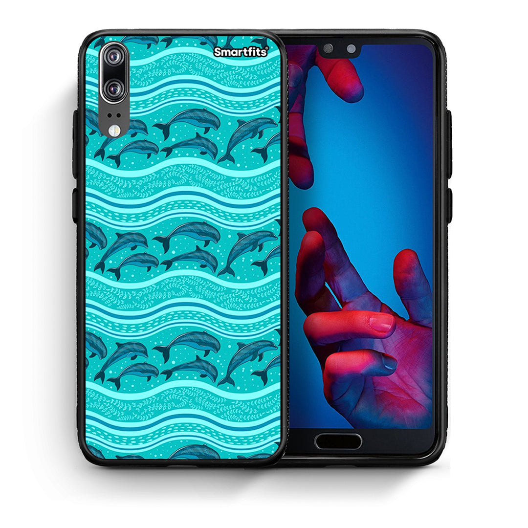 Θήκη Huawei P20 Swimming Dolphins από τη Smartfits με σχέδιο στο πίσω μέρος και μαύρο περίβλημα | Huawei P20 Swimming Dolphins case with colorful back and black bezels