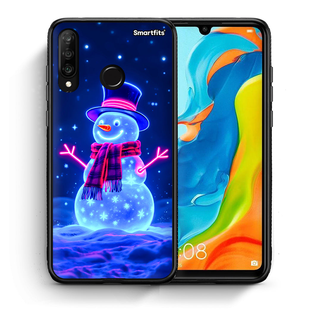 Θήκη Huawei P30 Lite Christmas Neon Snowman από τη Smartfits με σχέδιο στο πίσω μέρος και μαύρο περίβλημα | Huawei P30 Lite Christmas Neon Snowman case with colorful back and black bezels