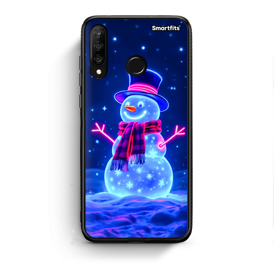 Huawei P30 Lite Christmas Neon Snowman θήκη από τη Smartfits με σχέδιο στο πίσω μέρος και μαύρο περίβλημα | Smartphone case with colorful back and black bezels by Smartfits