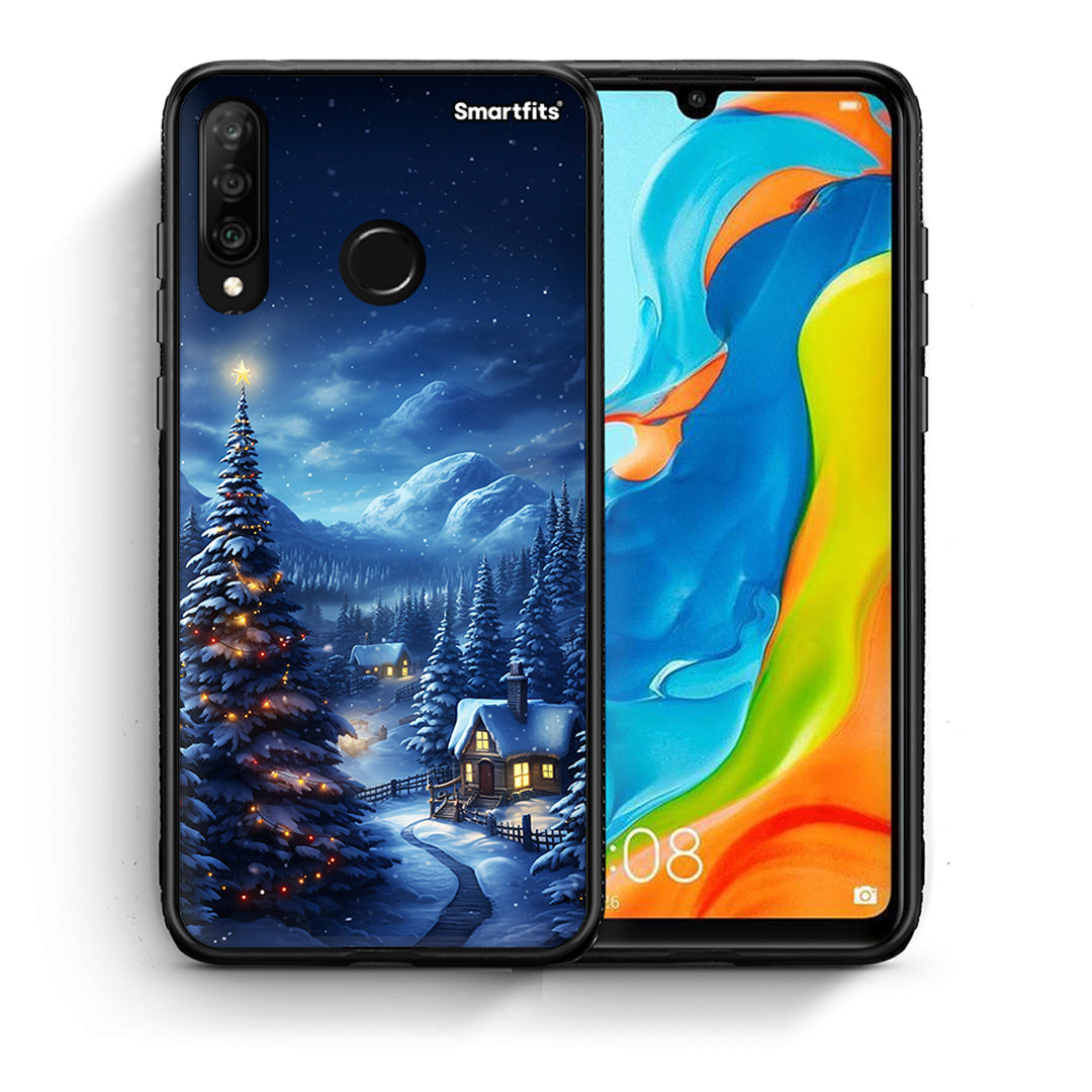 Θήκη Huawei P30 Lite Christmas Scenery από τη Smartfits με σχέδιο στο πίσω μέρος και μαύρο περίβλημα | Huawei P30 Lite Christmas Scenery case with colorful back and black bezels