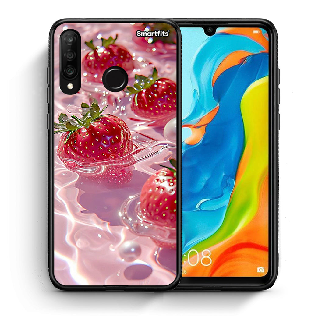 Θήκη Huawei P30 Lite Juicy Strawberries από τη Smartfits με σχέδιο στο πίσω μέρος και μαύρο περίβλημα | Huawei P30 Lite Juicy Strawberries case with colorful back and black bezels