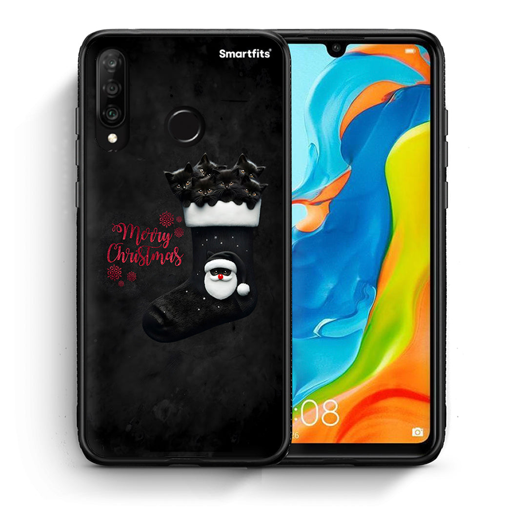 Θήκη Huawei P30 Lite Merry Cat Christmas από τη Smartfits με σχέδιο στο πίσω μέρος και μαύρο περίβλημα | Huawei P30 Lite Merry Cat Christmas case with colorful back and black bezels