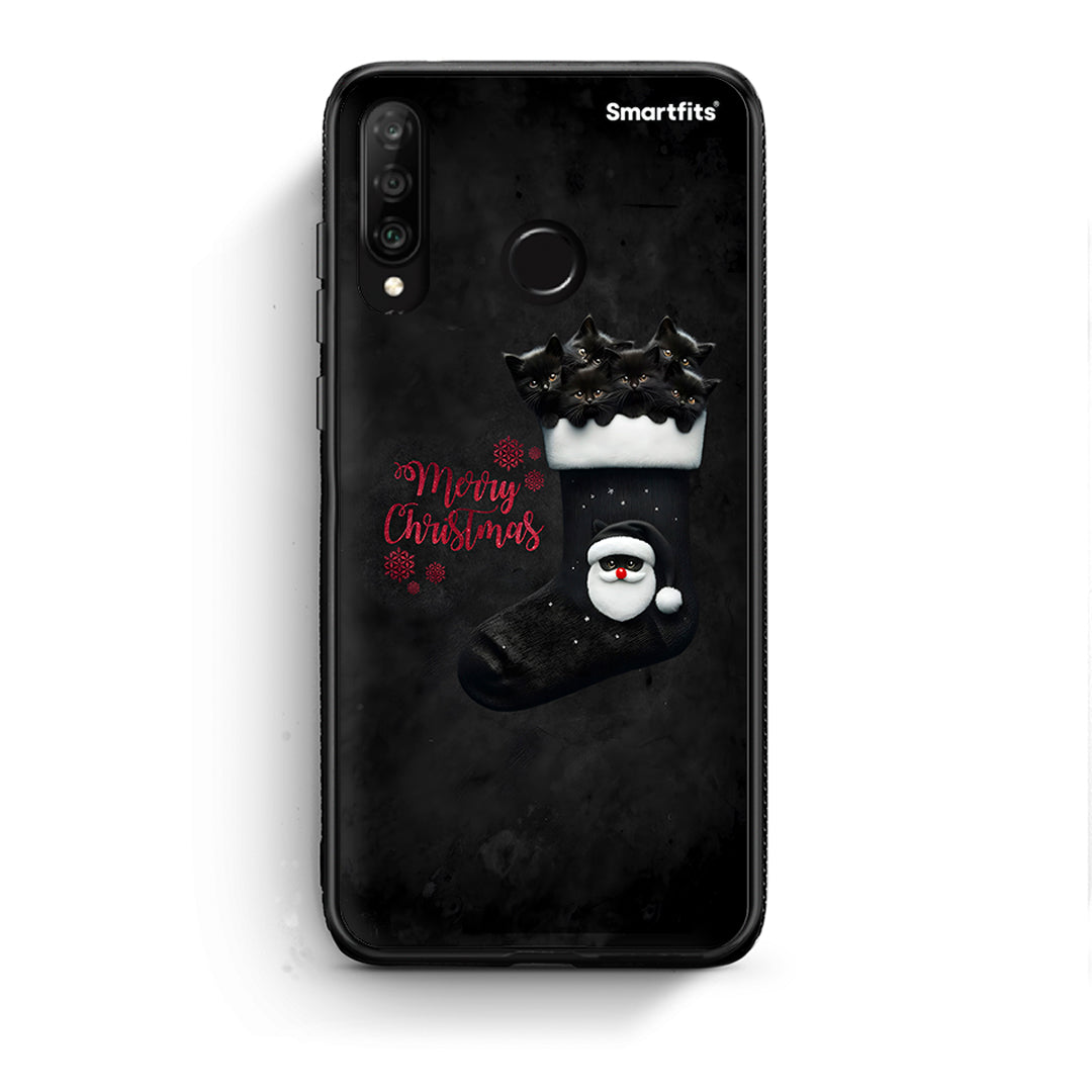 Huawei P30 Lite Merry Cat Christmas θήκη από τη Smartfits με σχέδιο στο πίσω μέρος και μαύρο περίβλημα | Smartphone case with colorful back and black bezels by Smartfits