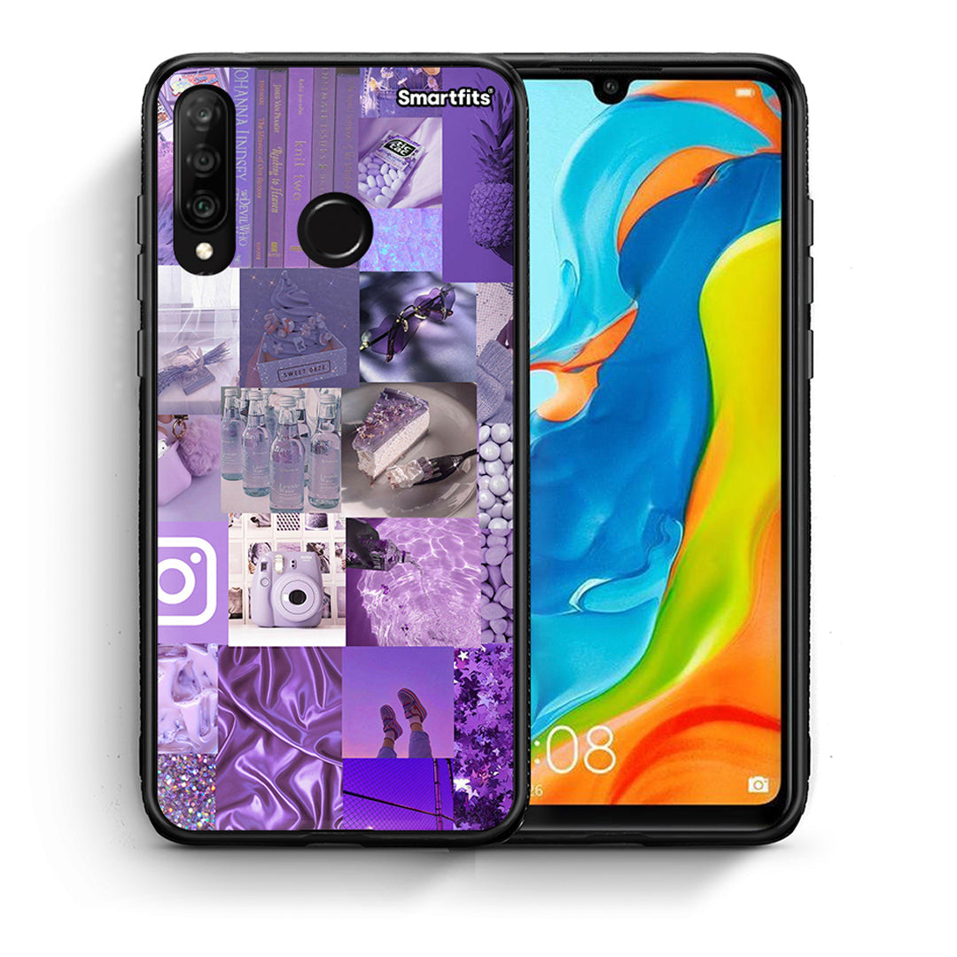 Θήκη Huawei P30 Lite Purple Aesthetic Collage από τη Smartfits με σχέδιο στο πίσω μέρος και μαύρο περίβλημα | Huawei P30 Lite Purple Aesthetic Collage case with colorful back and black bezels