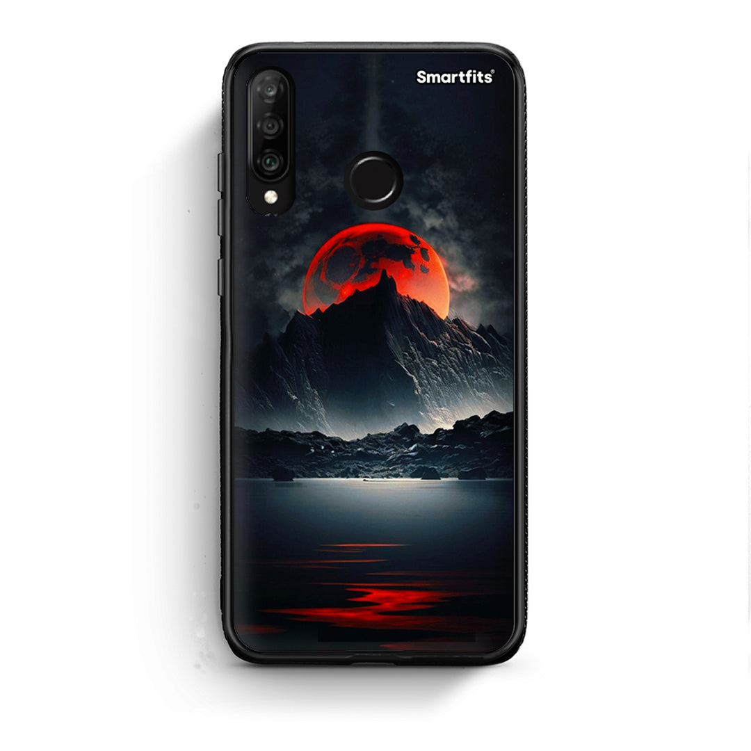 Huawei P30 Lite Red Full Moon θήκη από τη Smartfits με σχέδιο στο πίσω μέρος και μαύρο περίβλημα | Smartphone case with colorful back and black bezels by Smartfits