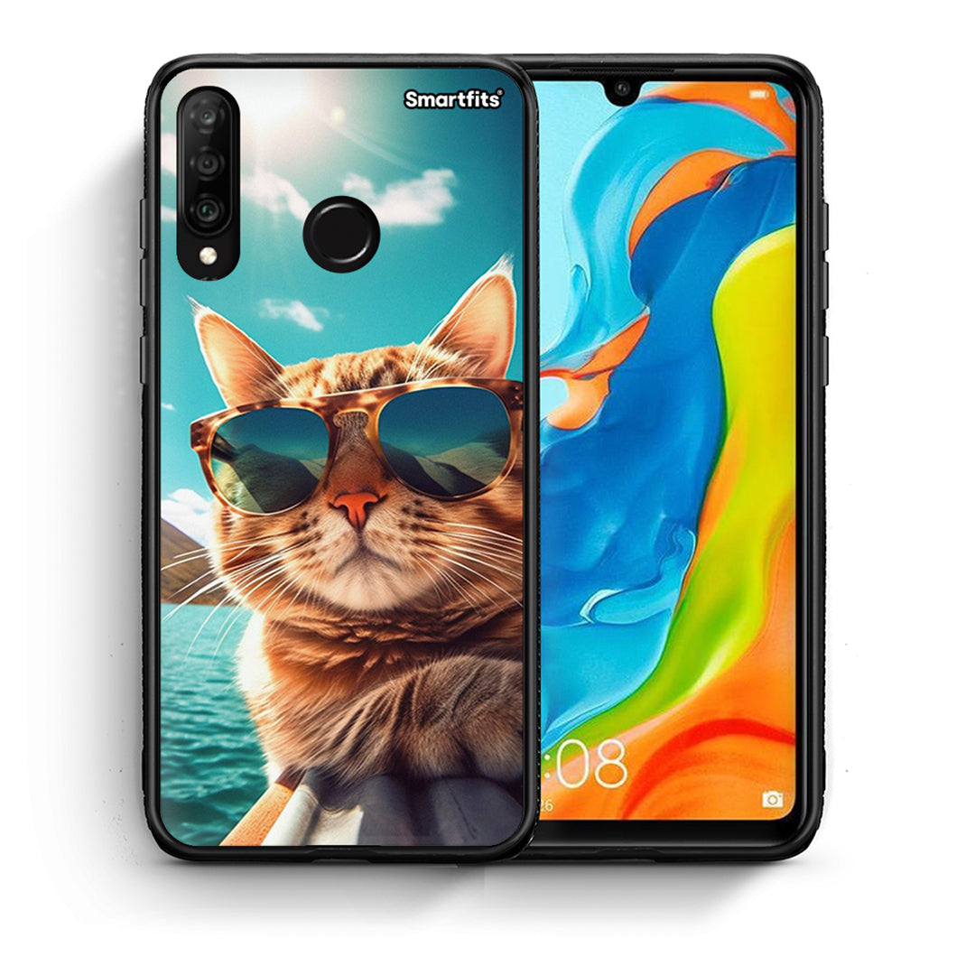 Θήκη Huawei P30 Lite Summer Cat από τη Smartfits με σχέδιο στο πίσω μέρος και μαύρο περίβλημα | Huawei P30 Lite Summer Cat case with colorful back and black bezels