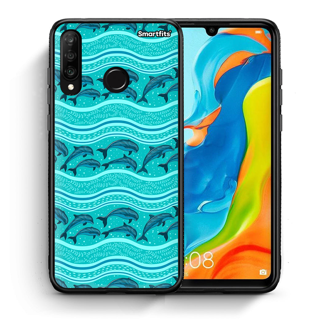 Θήκη Huawei P30 Lite Swimming Dolphins από τη Smartfits με σχέδιο στο πίσω μέρος και μαύρο περίβλημα | Huawei P30 Lite Swimming Dolphins case with colorful back and black bezels