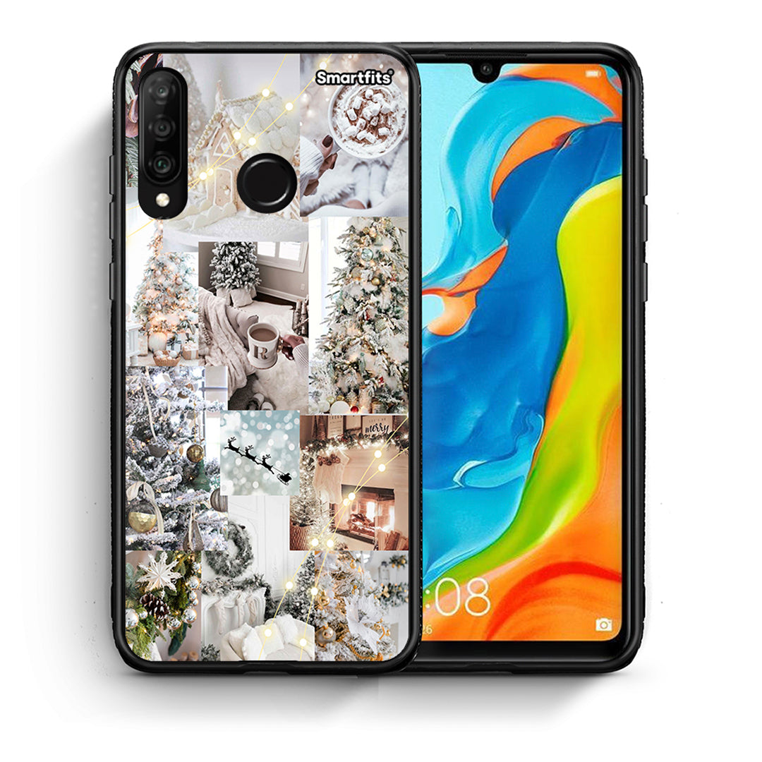 Θήκη Huawei P30 Lite White Christmas από τη Smartfits με σχέδιο στο πίσω μέρος και μαύρο περίβλημα | Huawei P30 Lite White Christmas case with colorful back and black bezels