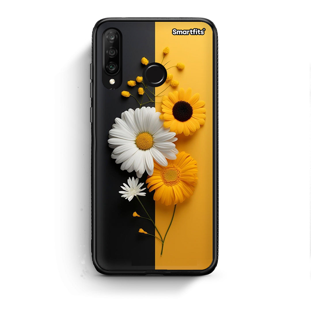 Huawei P30 Lite Yellow Daisies θήκη από τη Smartfits με σχέδιο στο πίσω μέρος και μαύρο περίβλημα | Smartphone case with colorful back and black bezels by Smartfits