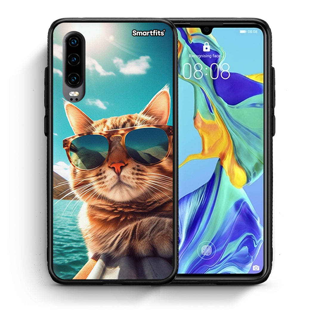 Θήκη Huawei P30 Summer Cat από τη Smartfits με σχέδιο στο πίσω μέρος και μαύρο περίβλημα | Huawei P30 Summer Cat case with colorful back and black bezels