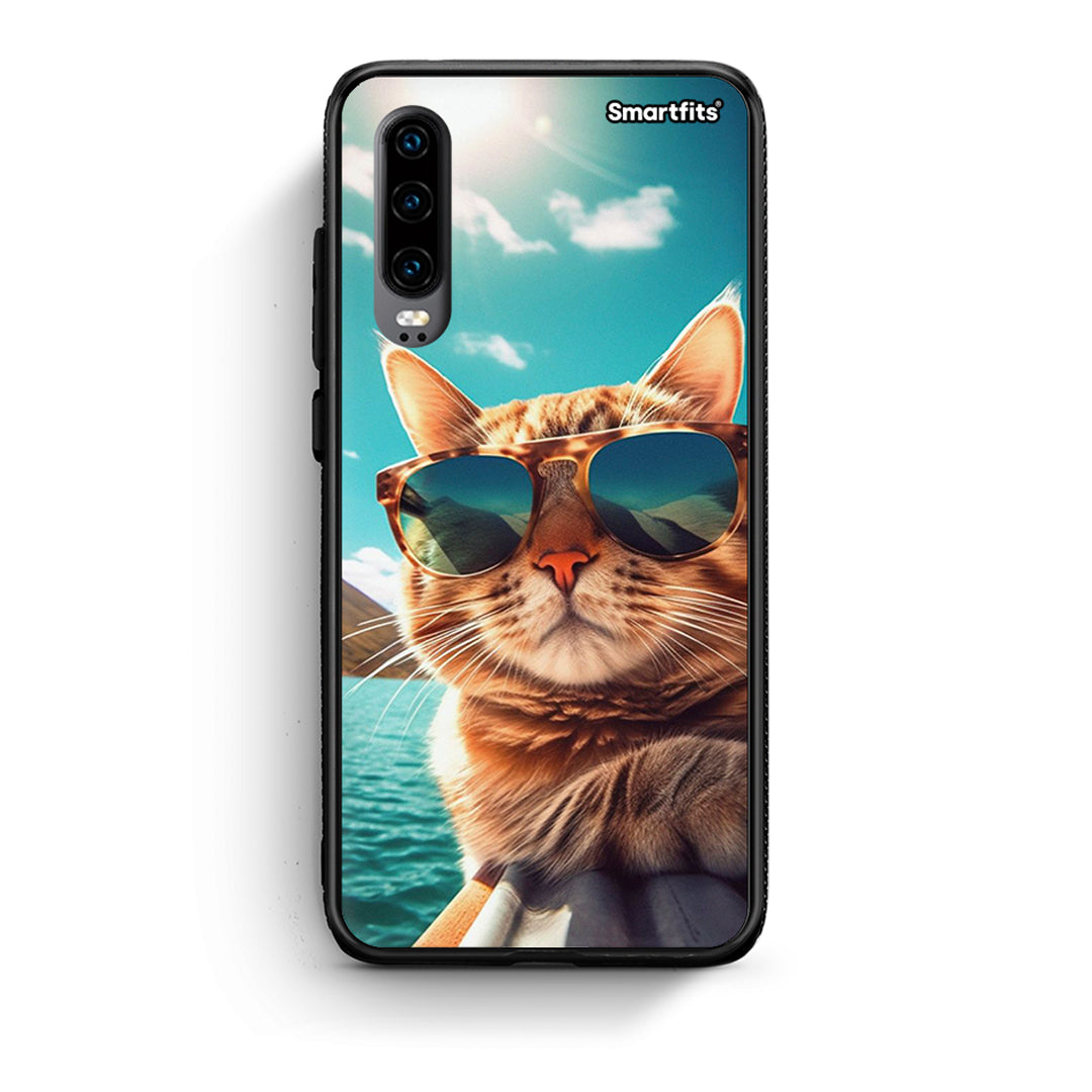 Huawei P30 Summer Cat θήκη από τη Smartfits με σχέδιο στο πίσω μέρος και μαύρο περίβλημα | Smartphone case with colorful back and black bezels by Smartfits