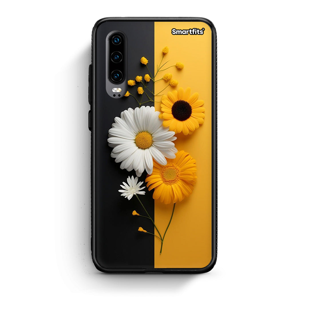 Huawei P30 Yellow Daisies θήκη από τη Smartfits με σχέδιο στο πίσω μέρος και μαύρο περίβλημα | Smartphone case with colorful back and black bezels by Smartfits