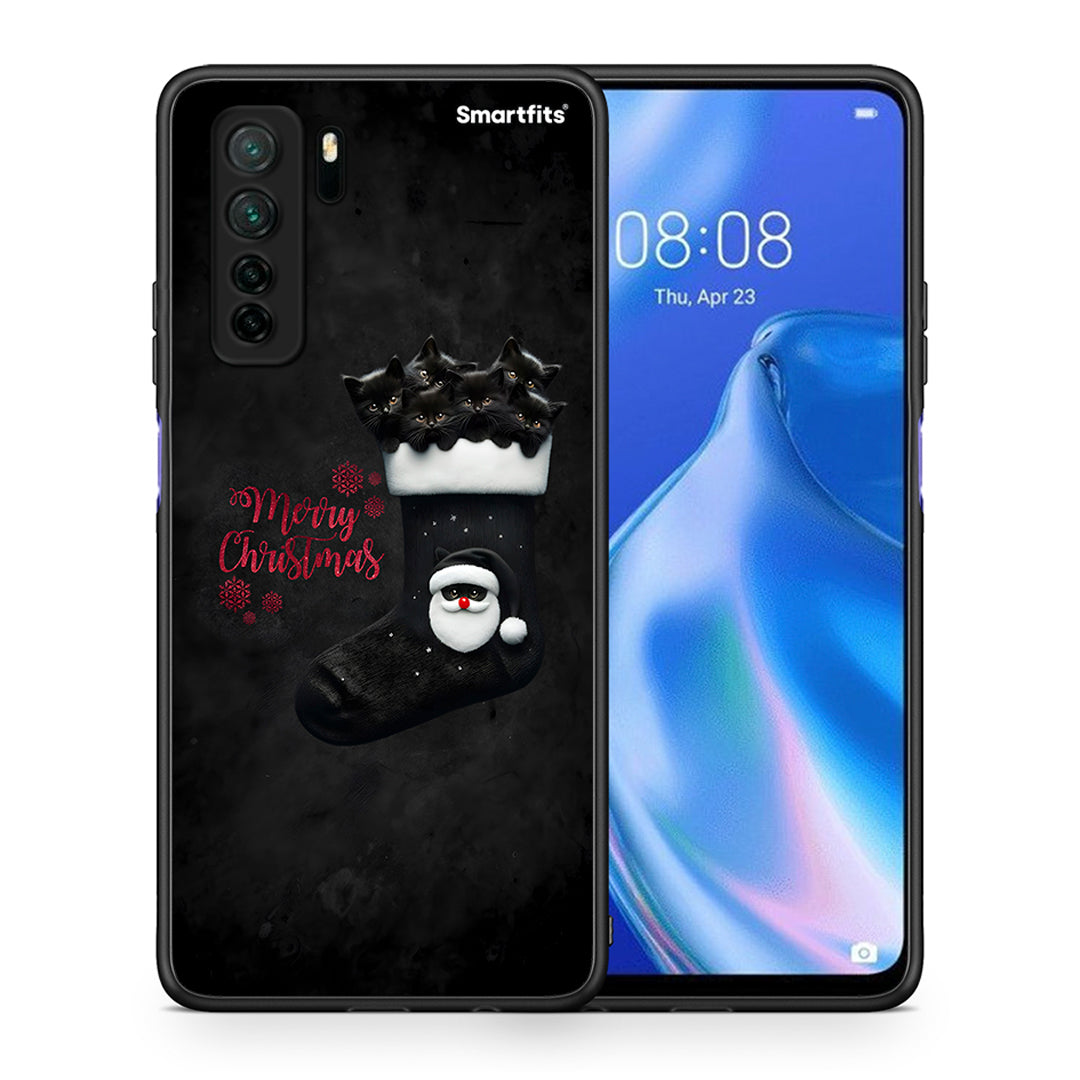 Θήκη Huawei P40 Lite 5G Merry Cat Christmas από τη Smartfits με σχέδιο στο πίσω μέρος και μαύρο περίβλημα | Huawei P40 Lite 5G Merry Cat Christmas Case with Colorful Back and Black Bezels