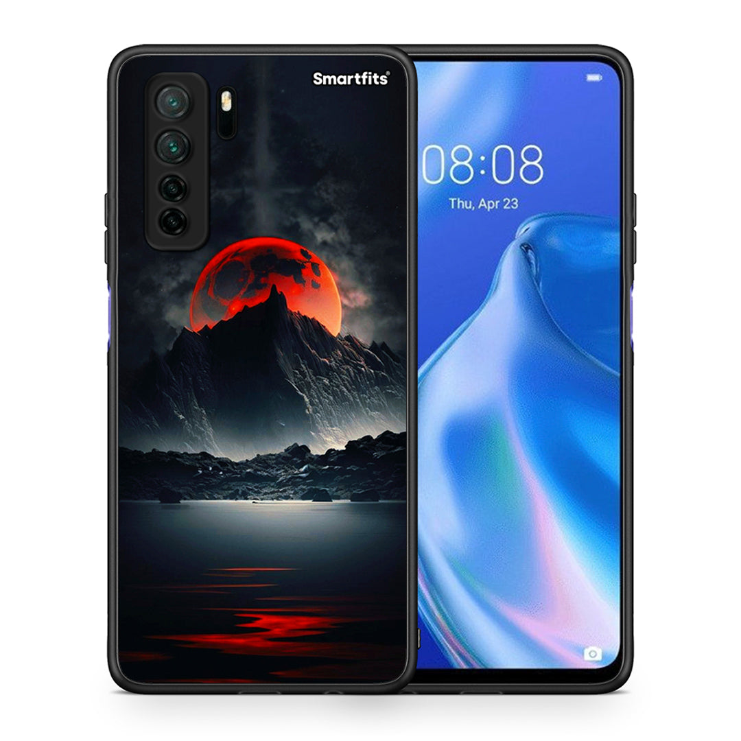 Θήκη Huawei P40 Lite 5G Red Full Moon από τη Smartfits με σχέδιο στο πίσω μέρος και μαύρο περίβλημα | Huawei P40 Lite 5G Red Full Moon Case with Colorful Back and Black Bezels