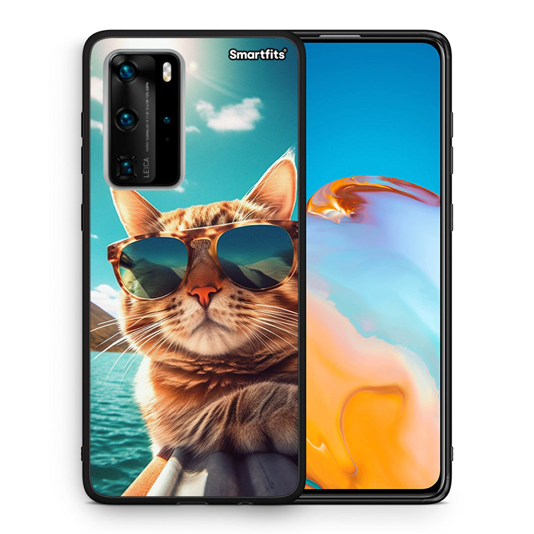 Θήκη Huawei P40 Pro Summer Cat από τη Smartfits με σχέδιο στο πίσω μέρος και μαύρο περίβλημα | Huawei P40 Pro Summer Cat case with colorful back and black bezels