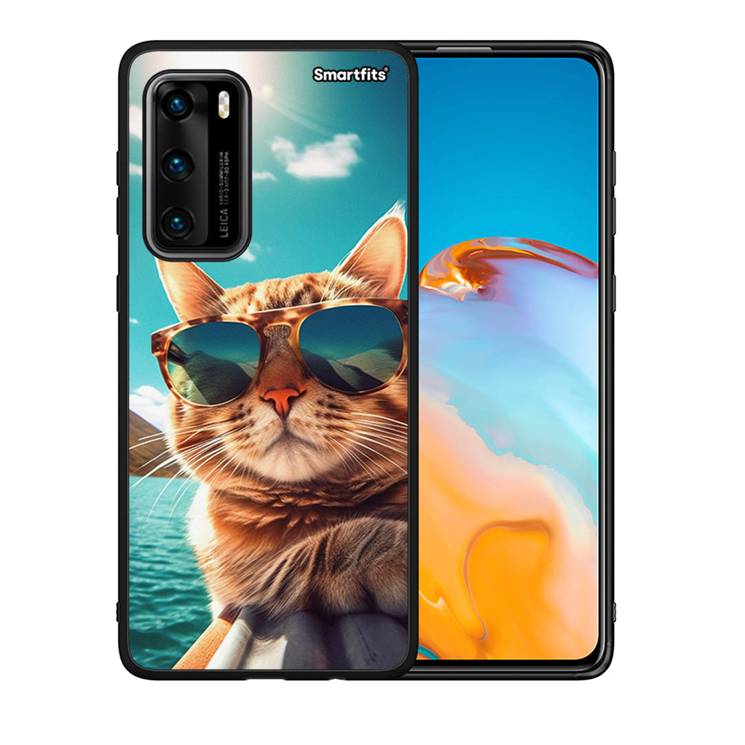 Θήκη Huawei P40 Summer Cat από τη Smartfits με σχέδιο στο πίσω μέρος και μαύρο περίβλημα | Huawei P40 Summer Cat case with colorful back and black bezels