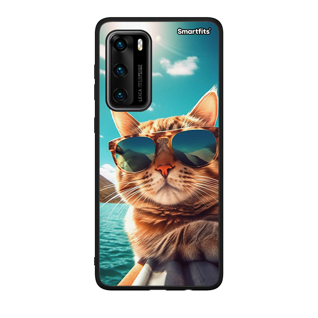 Huawei P40 Summer Cat θήκη από τη Smartfits με σχέδιο στο πίσω μέρος και μαύρο περίβλημα | Smartphone case with colorful back and black bezels by Smartfits