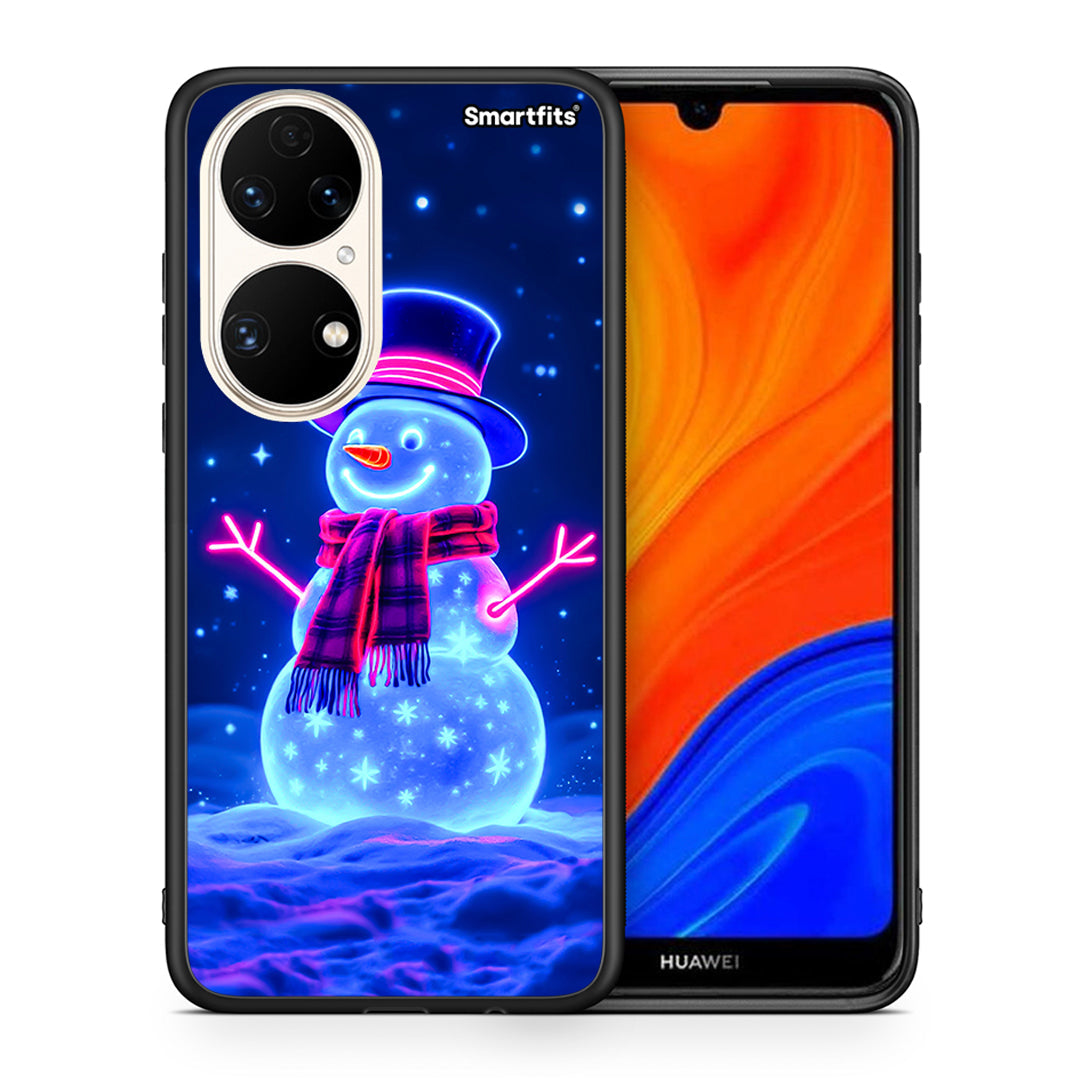 Θήκη Huawei P50 Christmas Neon Snowman από τη Smartfits με σχέδιο στο πίσω μέρος και μαύρο περίβλημα | Huawei P50 Christmas Neon Snowman case with colorful back and black bezels