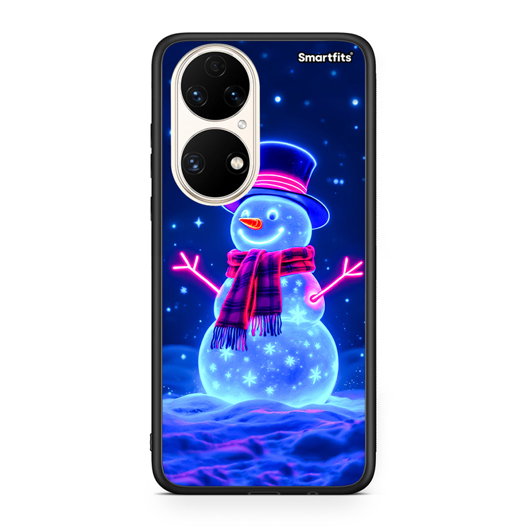 Huawei P50 Christmas Neon Snowman θήκη από τη Smartfits με σχέδιο στο πίσω μέρος και μαύρο περίβλημα | Smartphone case with colorful back and black bezels by Smartfits